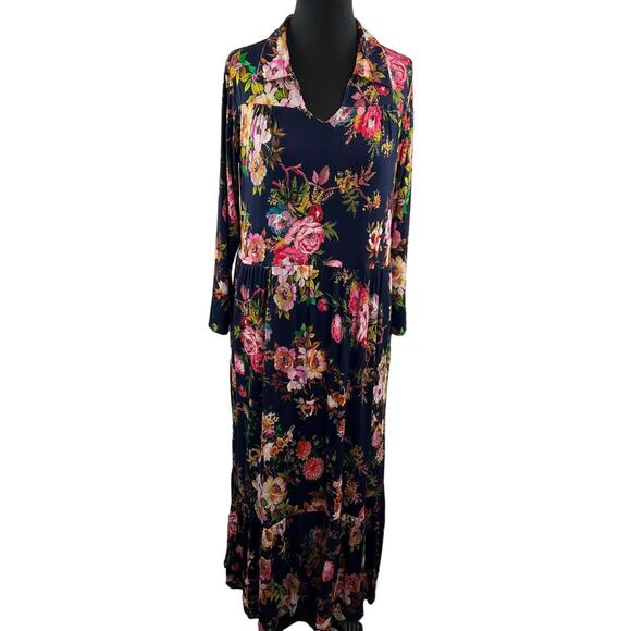 NWT Tolani Collection Blue Multi Floral Knit Collared Tiered Ruffle Maxi Dress M - Picture 1 of 9